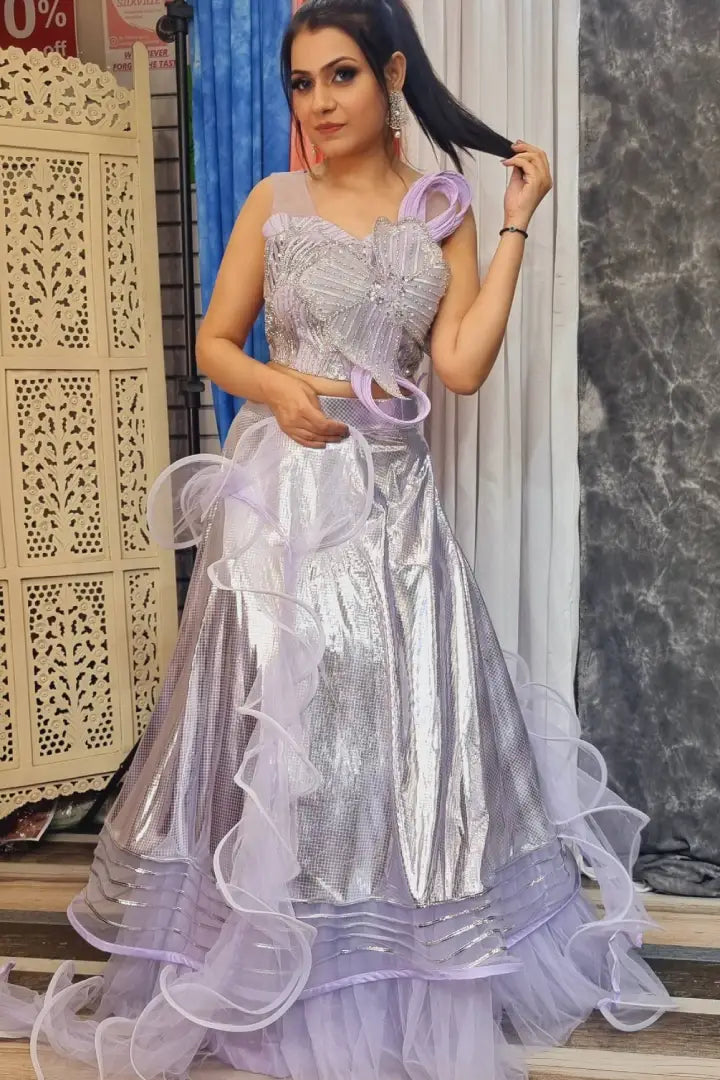 Partywear Designer Crop Top Skirt In Ruffles In lavender