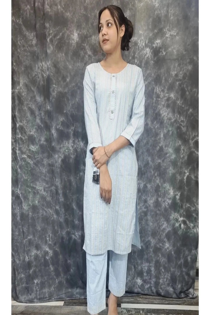 Cotton Straight Kurta With Pants in Sky Blue-spendworthclothing-Color_Blue/Sky Blue,Color_Sky Blue,Cotton-Suits-sets,cottonsuit sets,Item Type_Cotton Suits Sets,Item Type_Plazo Suits,Plazo-Suits,SUIT SET,SUIT-SETS
