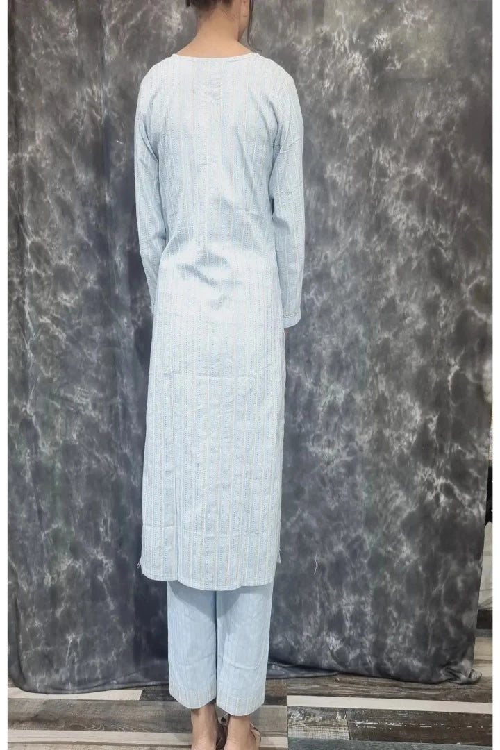Cotton Straight Kurta With Pants in Sky Blue-spendworthclothing-Color_Blue/Sky Blue,Color_Sky Blue,Cotton-Suits-sets,cottonsuit sets,Item Type_Cotton Suits Sets,Item Type_Plazo Suits,Plazo-Suits,SUIT SET,SUIT-SETS