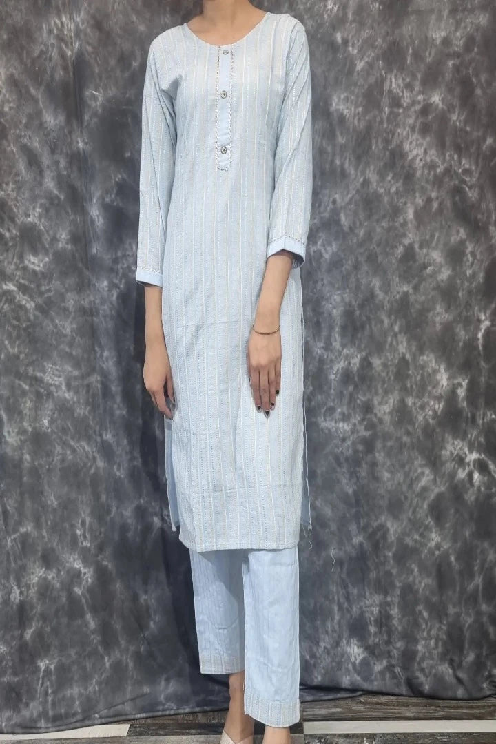Cotton Straight Kurta With Pants in Sky Blue-spendworthclothing-Color_Blue/Sky Blue,Color_Sky Blue,Cotton-Suits-sets,cottonsuit sets,Item Type_Cotton Suits Sets,Item Type_Plazo Suits,Plazo-Suits,SUIT SET,SUIT-SETS