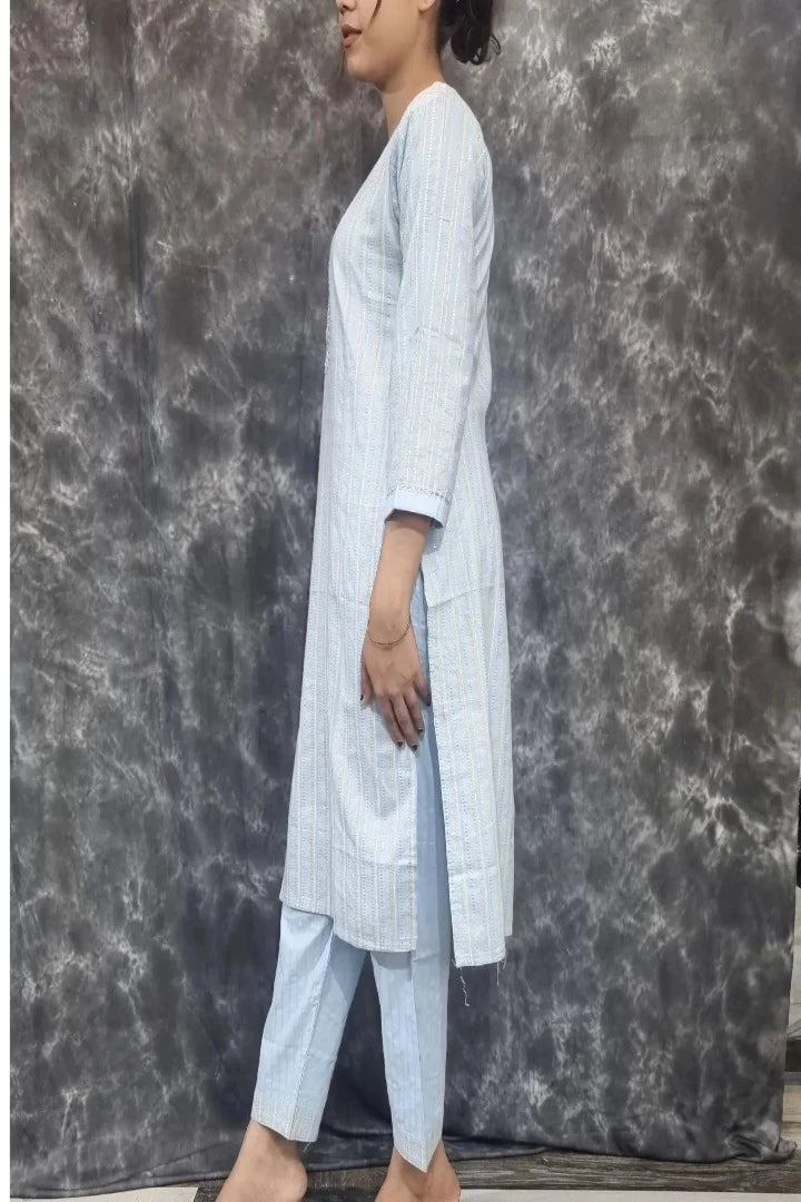 Cotton Straight Kurta With Pants in Sky Blue-spendworthclothing-Color_Blue/Sky Blue,Color_Sky Blue,Cotton-Suits-sets,cottonsuit sets,Item Type_Cotton Suits Sets,Item Type_Plazo Suits,Plazo-Suits,SUIT SET,SUIT-SETS