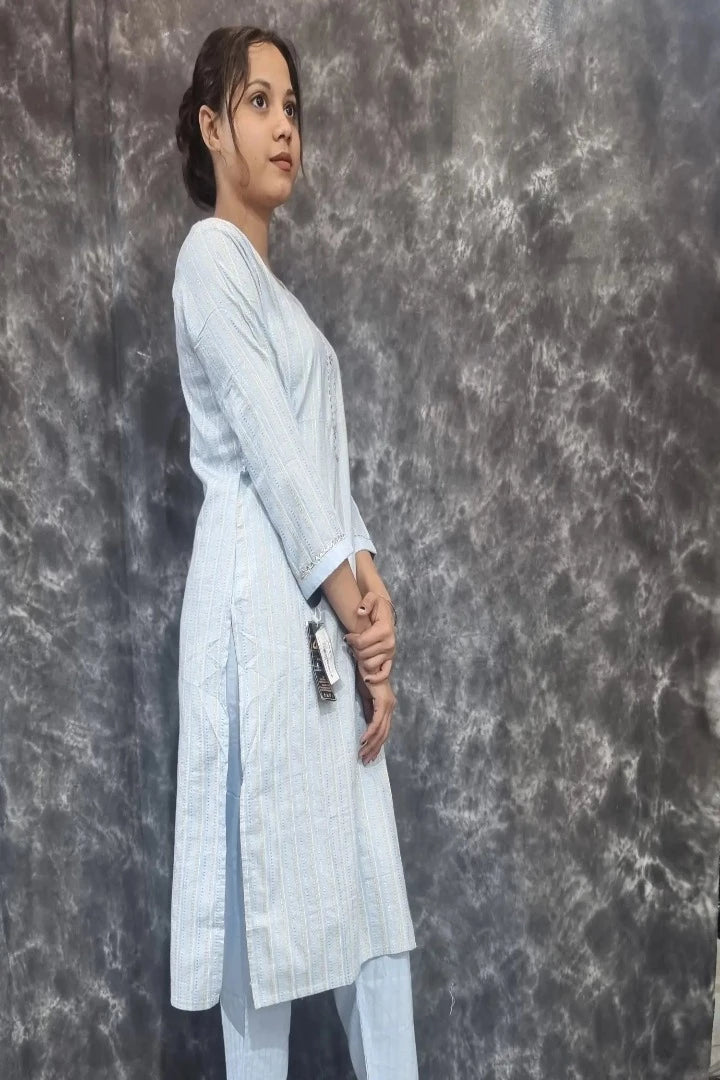 Cotton Straight Kurta With Pants in Sky Blue-spendworthclothing-Color_Blue/Sky Blue,Color_Sky Blue,Cotton-Suits-sets,cottonsuit sets,Item Type_Cotton Suits Sets,Item Type_Plazo Suits,Plazo-Suits,SUIT SET,SUIT-SETS