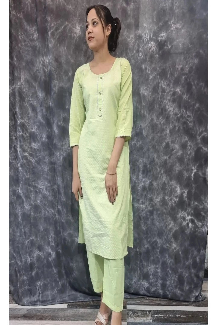 Straight Dobby Cotton Kurta With Pants in Parrot-spendworthclothing-Color_Parrot,Color_Parrot Green,Cotton-Suits-sets,cottonsuit sets,Free-Shipping,Item Type_Cotton Suits Sets,Item Type_Plazo Suits,Plazo-Suits,SPEEDY DELIVERIES,SUIT SET,SUIT-SETS