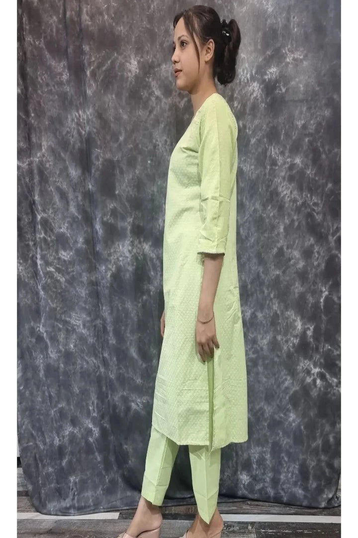 Straight Dobby Cotton Kurta With Pants in Parrot-spendworthclothing-Color_Parrot,Color_Parrot Green,Cotton-Suits-sets,cottonsuit sets,Free-Shipping,Item Type_Cotton Suits Sets,Item Type_Plazo Suits,Plazo-Suits,SPEEDY DELIVERIES,SUIT SET,SUIT-SETS