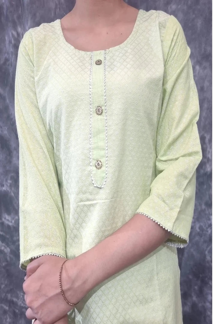 Straight Dobby Cotton Kurta With Pants in Parrot-spendworthclothing-Color_Parrot,Color_Parrot Green,Cotton-Suits-sets,cottonsuit sets,Free-Shipping,Item Type_Cotton Suits Sets,Item Type_Plazo Suits,Plazo-Suits,SPEEDY DELIVERIES,SUIT SET,SUIT-SETS