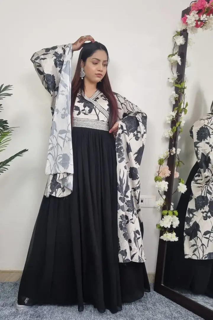 Angrakha Style Designer Gown With Long Sleeves in Black and White