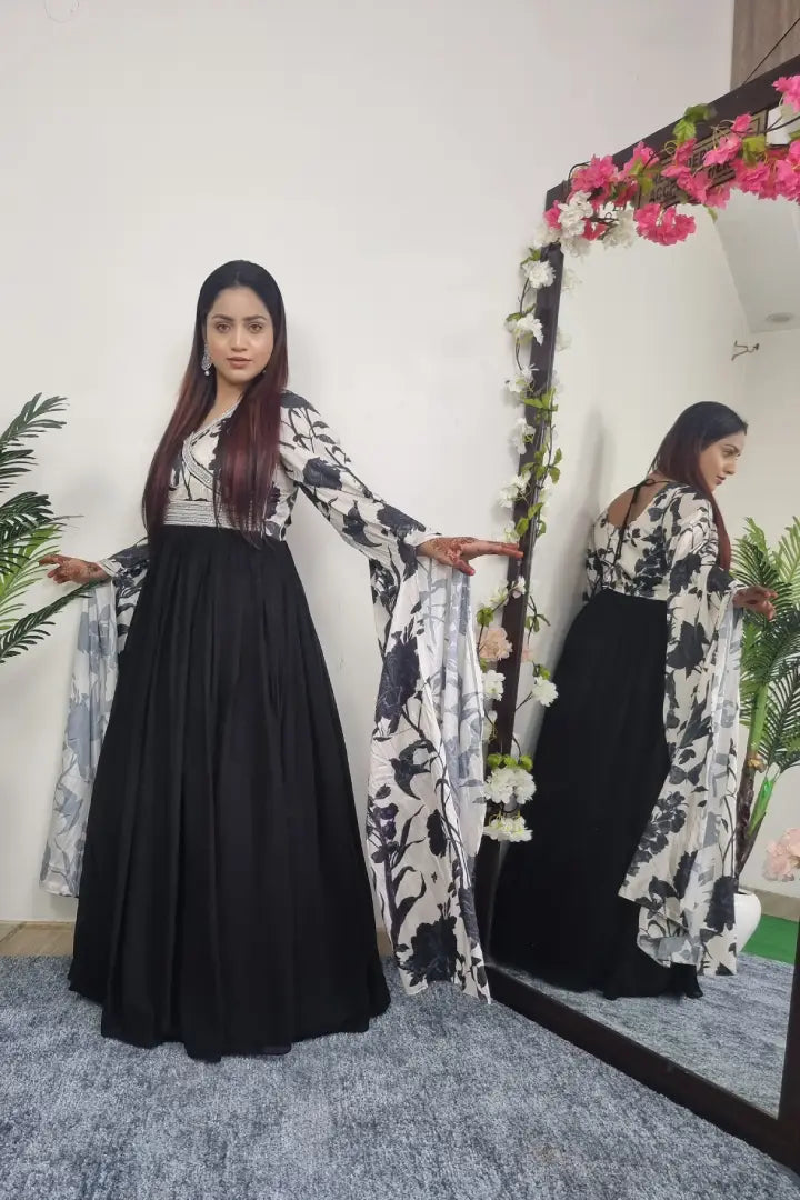 Angrakha Style Designer Gown With Long Sleeves in Black and White