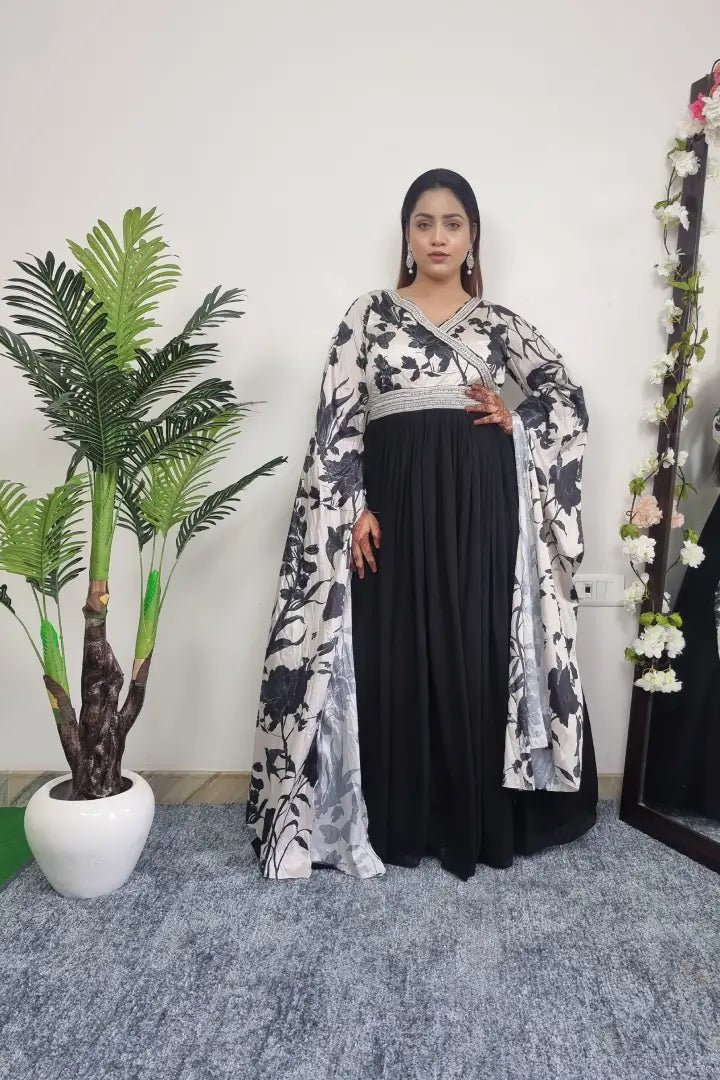 Angrakha Style Designer Gown With Long Sleeves in Black and White