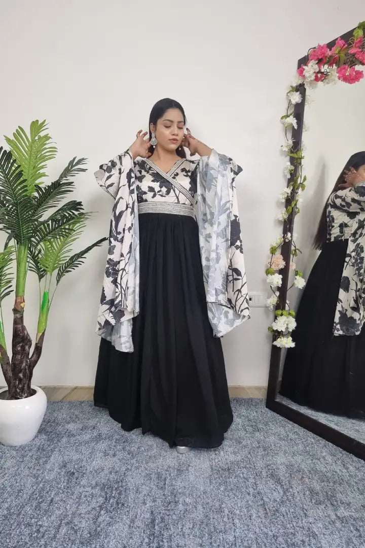 Angrakha Style Designer Gown With Long Sleeves in Black and White