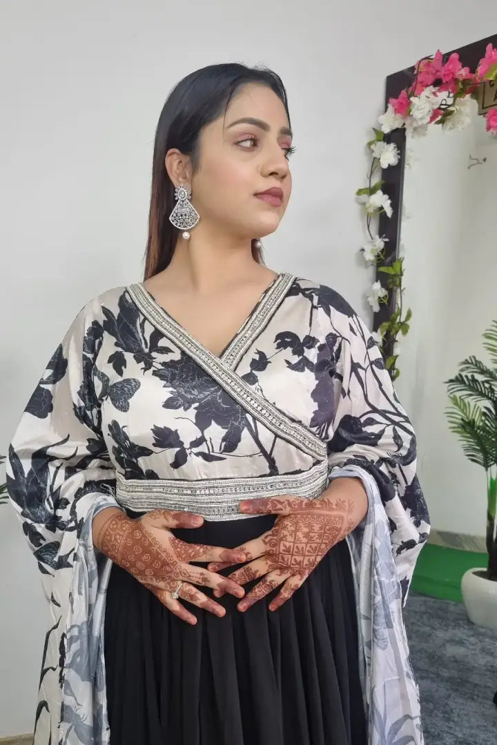 Angrakha Style Designer Gown With Long Sleeves in Black and White