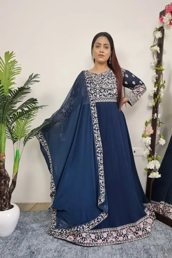 Embroidered Anarkali Gown With Duppatta In Blue