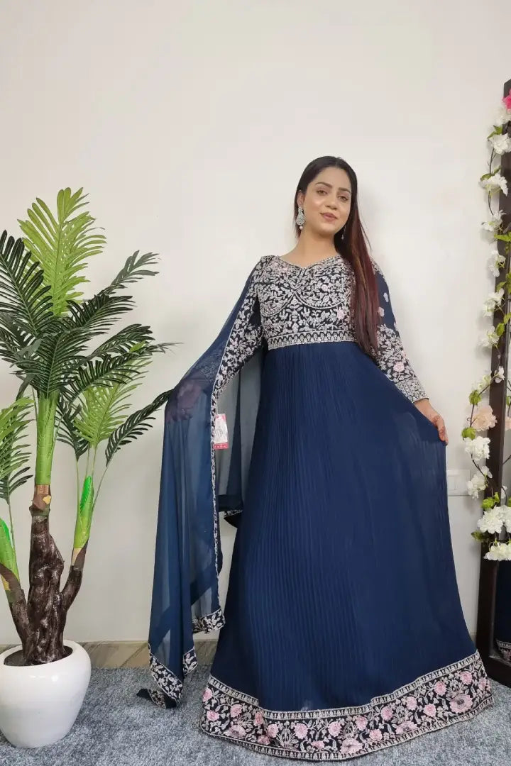 Embroidered Anarkali Gown With Duppatta In Blue