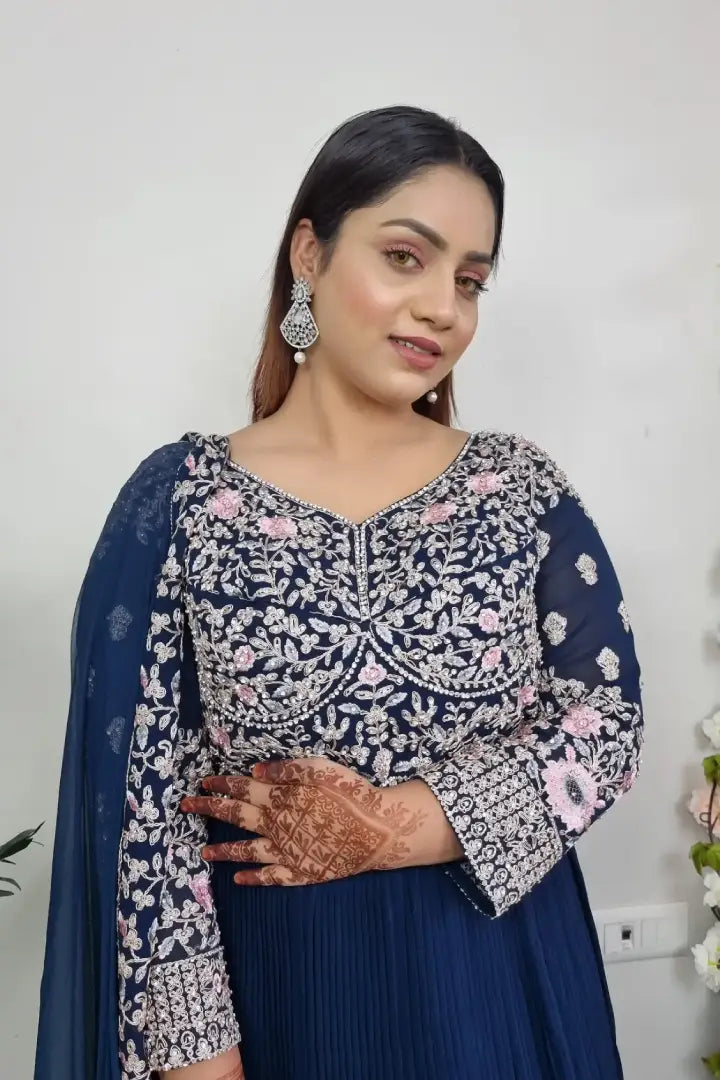 Embroidered Anarkali Gown With Duppatta In Blue
