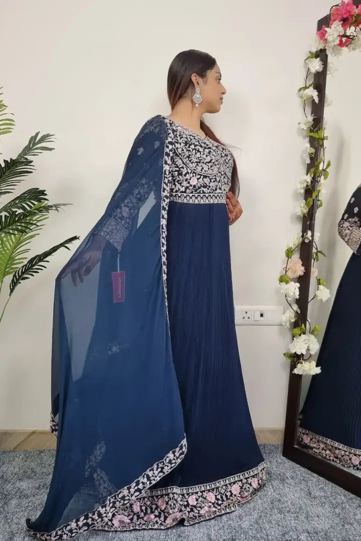 Embroidered Anarkali Gown With Duppatta In Blue