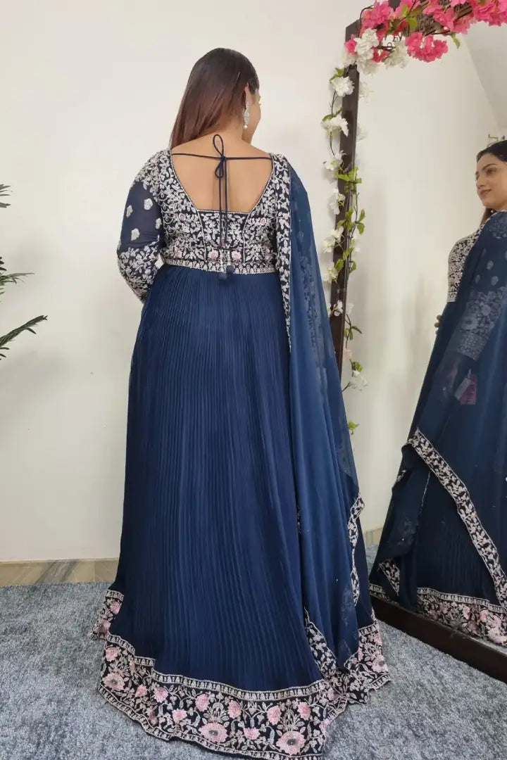 Embroidered Anarkali Gown With Duppatta In Blue