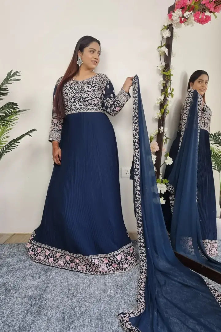 Embroidered Anarkali Gown With Duppatta In Blue