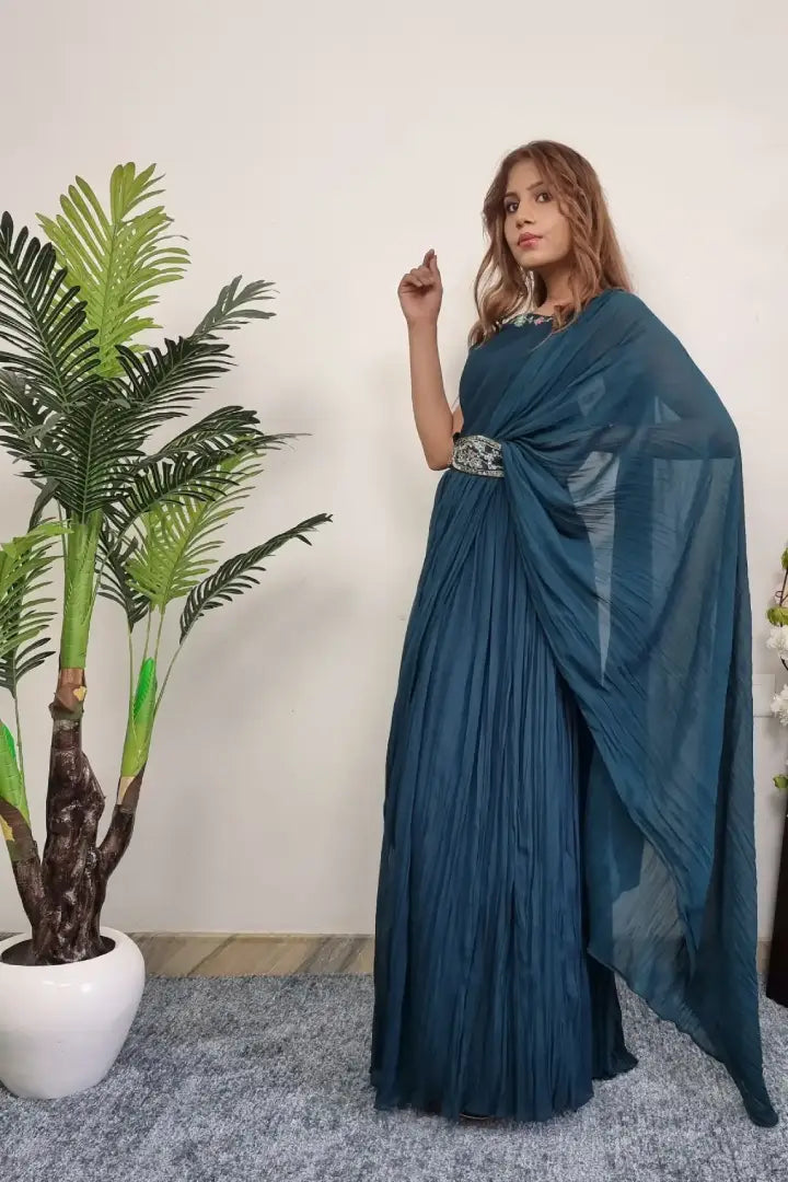 Off Shoulder Drape Dress With Embroidered Belt In Blue