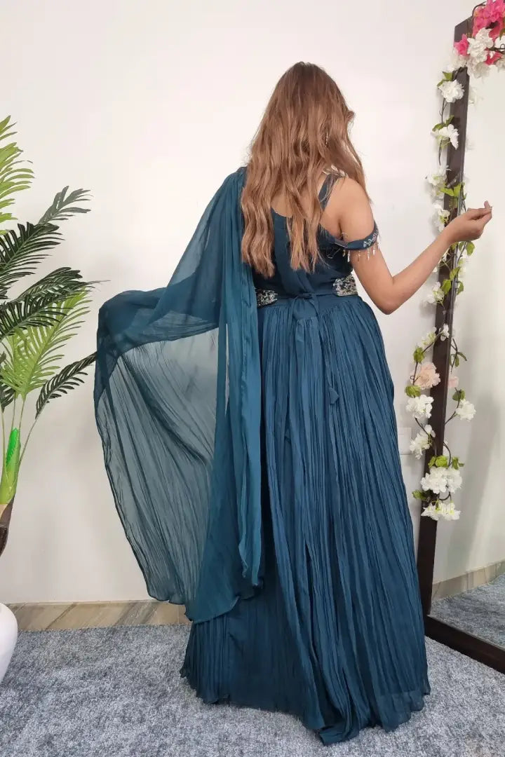 Off Shoulder Drape Dress With Embroidered Belt In Blue