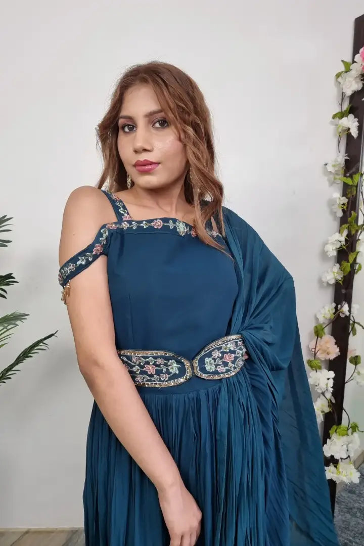 Off Shoulder Drape Dress With Embroidered Belt In Blue