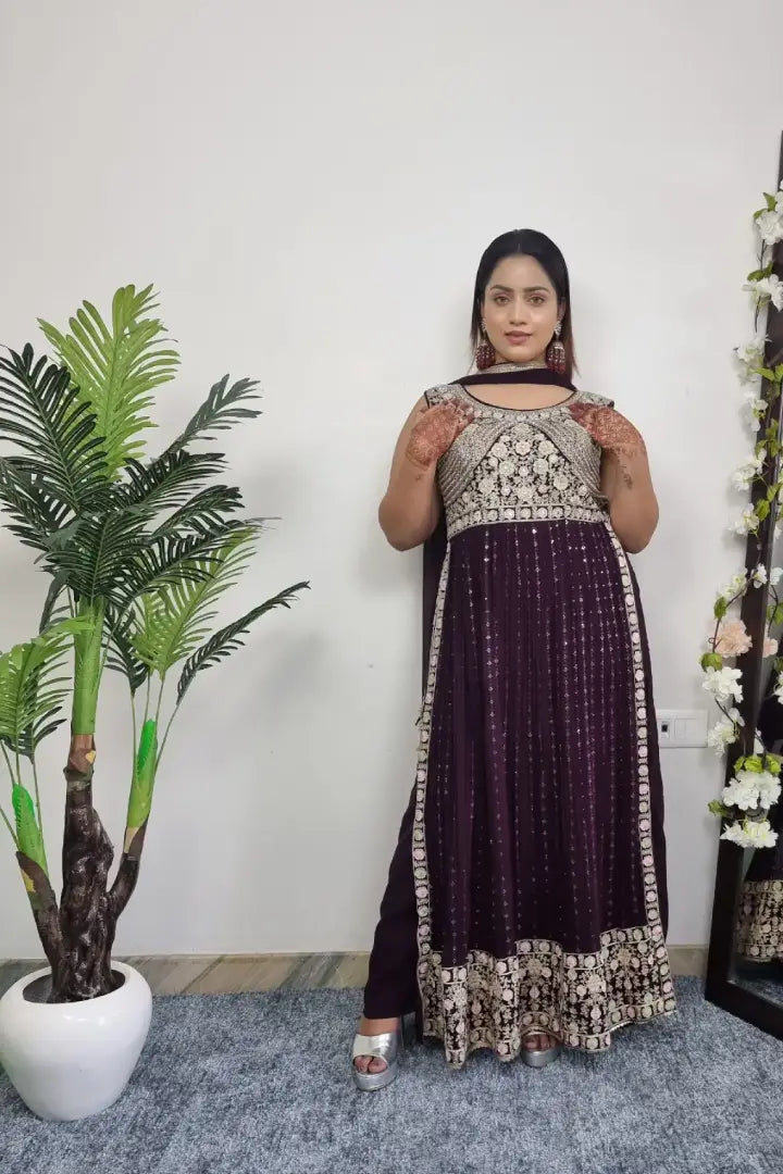 Thread Work Embroidered Nayra Suit Set In Wine