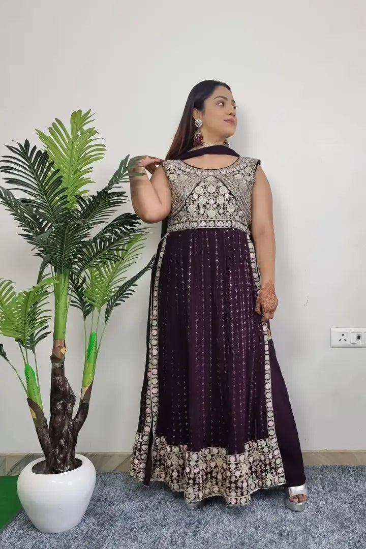 Thread Work Embroidered Nayra Suit Set In Wine