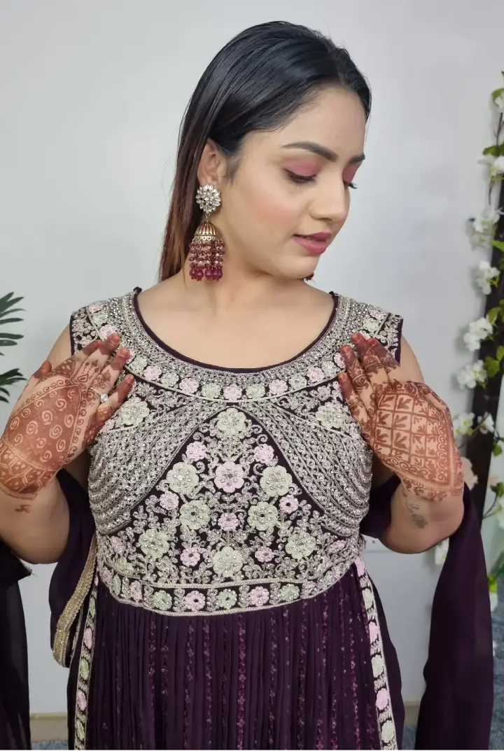 Thread Work Embroidered Nayra Suit Set In Wine