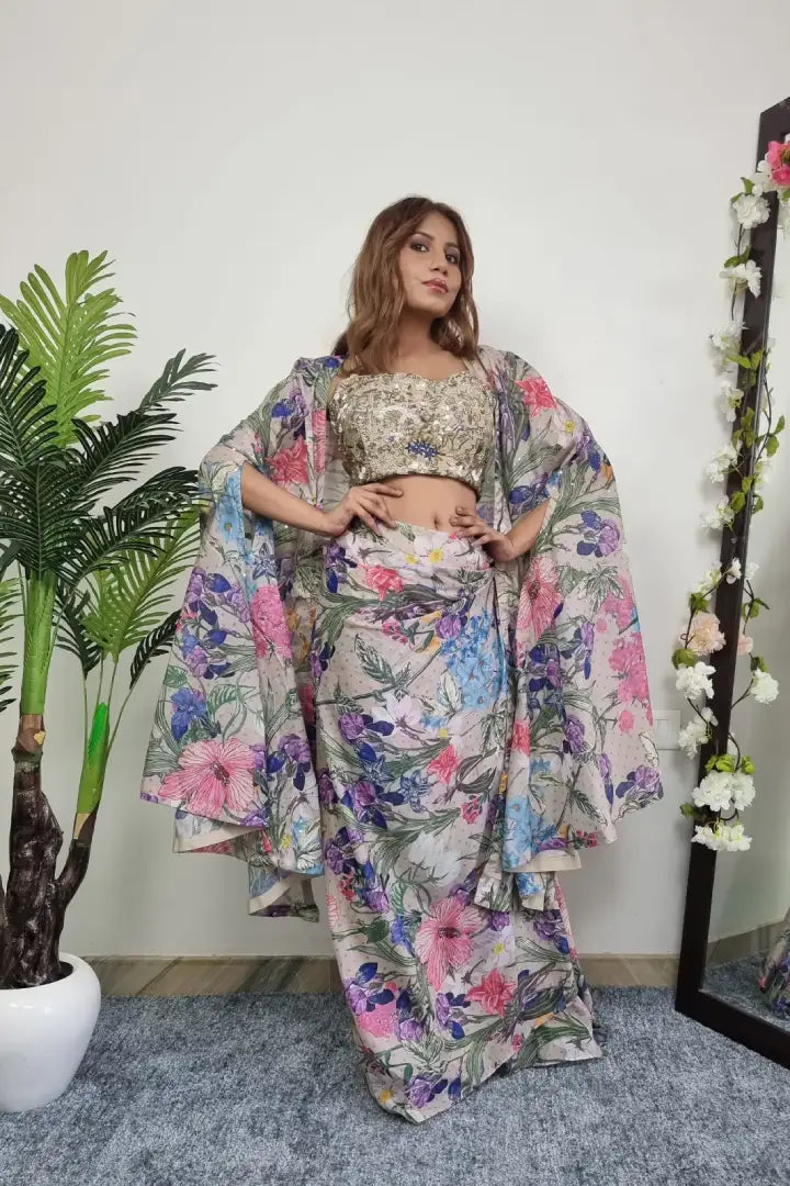 Spagheti Crop Top Skirt With Shrug In Print