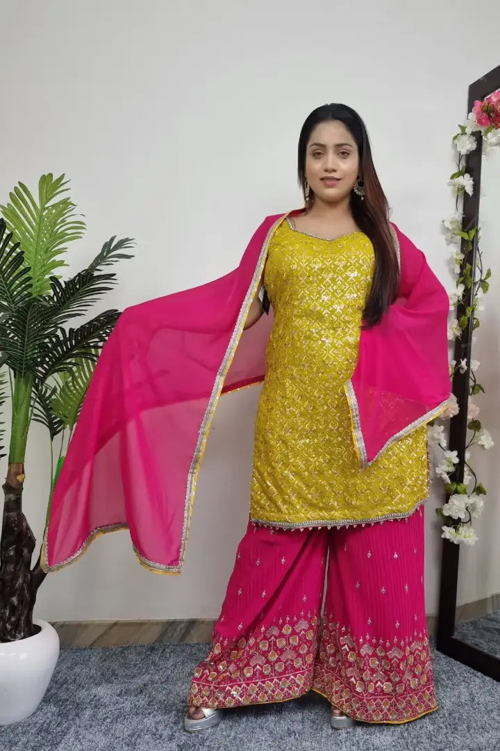 Contrast Chikan Work Embroidered Plazo Suit In Yellow