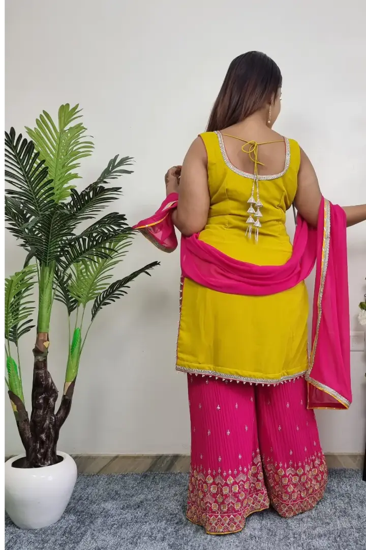 Contrast Chikan Work Embroidered Plazo Suit In Yellow
