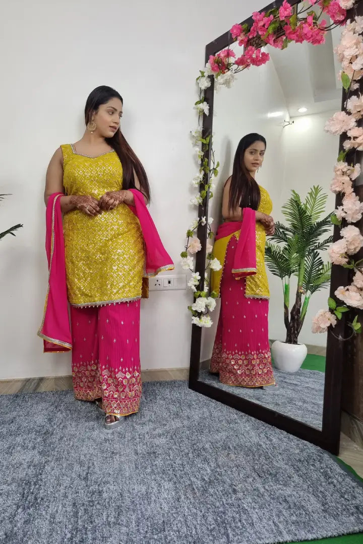 Contrast Chikan Work Embroidered Plazo Suit In Yellow