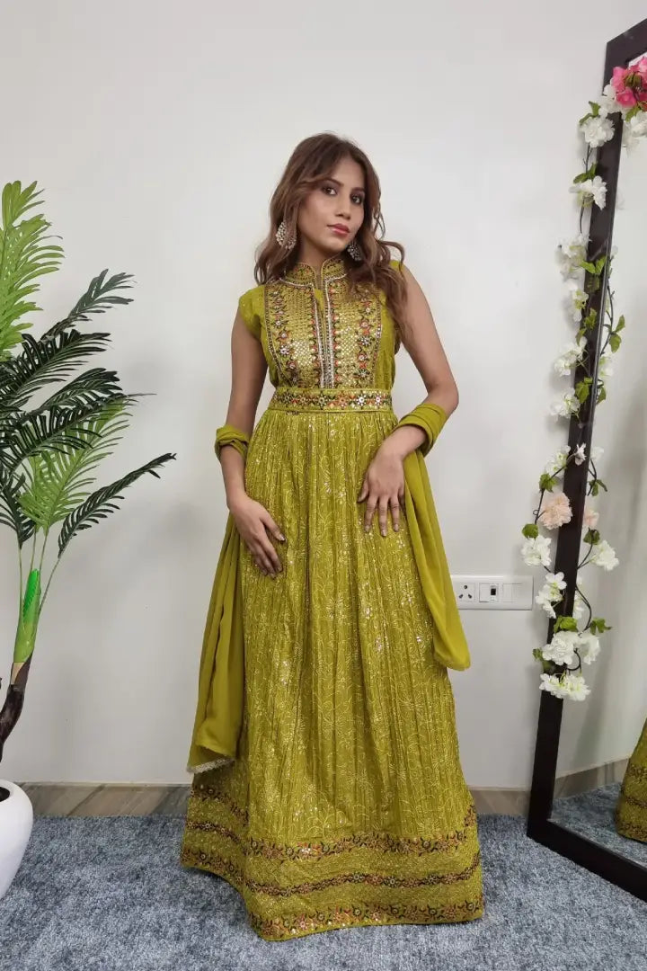 Thread Work Embroidered Anarkali Suit In Parrot