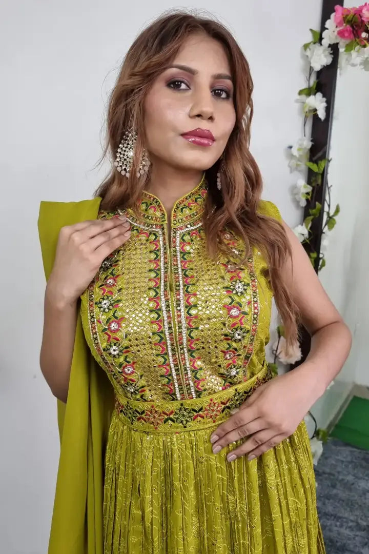 Thread Work Embroidered Anarkali Suit In Parrot