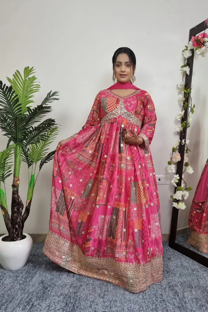 Alia Cut Chinon Anarkali Suit With Duppatta in Pink