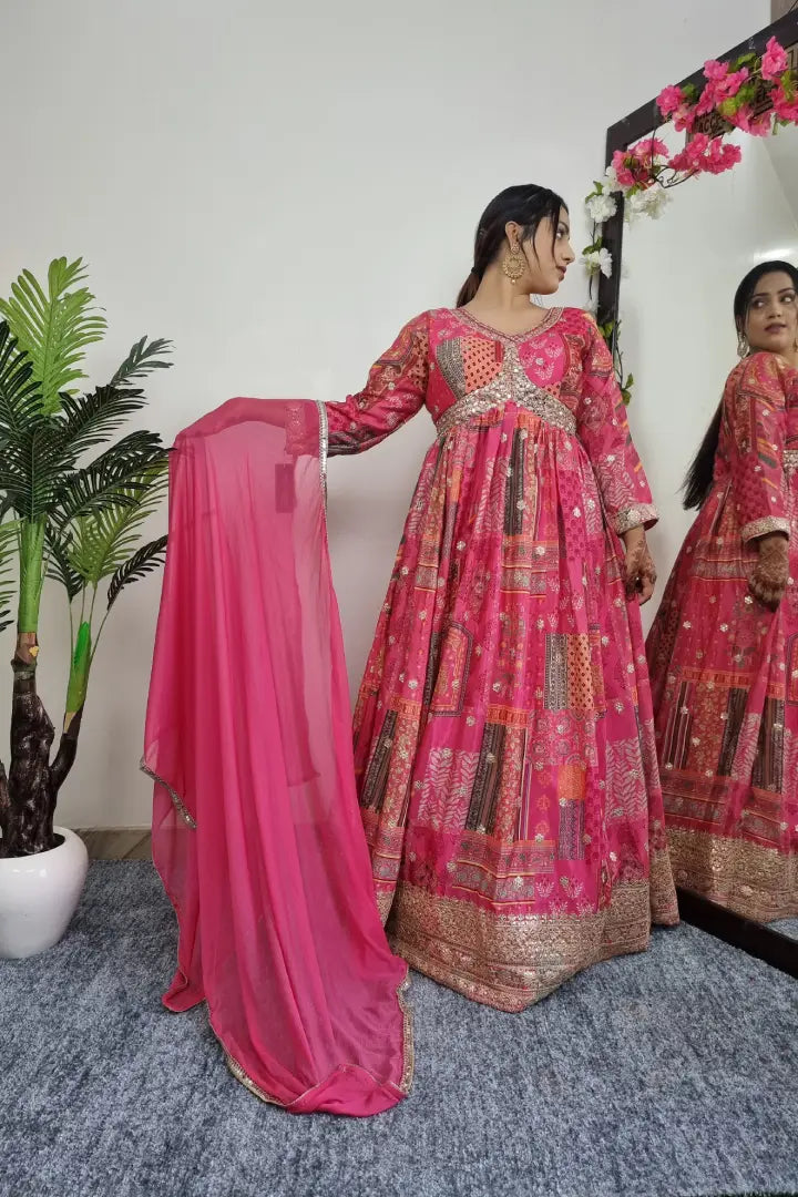 Alia Cut Chinon Anarkali Suit With Duppatta in Pink