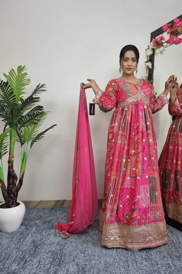 Alia Cut Chinon Anarkali Suit With Duppatta in Pink