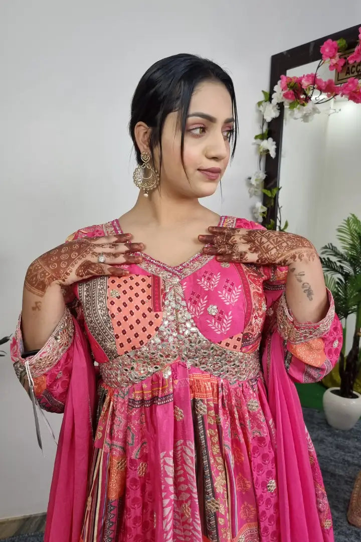 Alia Cut Chinon Anarkali Suit With Duppatta in Pink