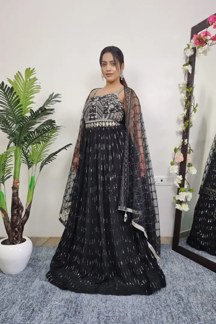 Spagheti Style  Mirror Work Anarkali With Embroidered Duppatta In Black