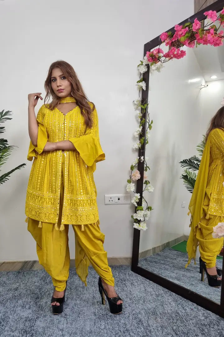 ThreadWork Embroidered Peplum Kurta With Tulip Bottom in Yellow