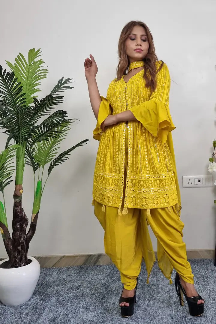 ThreadWork Embroidered Peplum Kurta With Tulip Bottom in Yellow