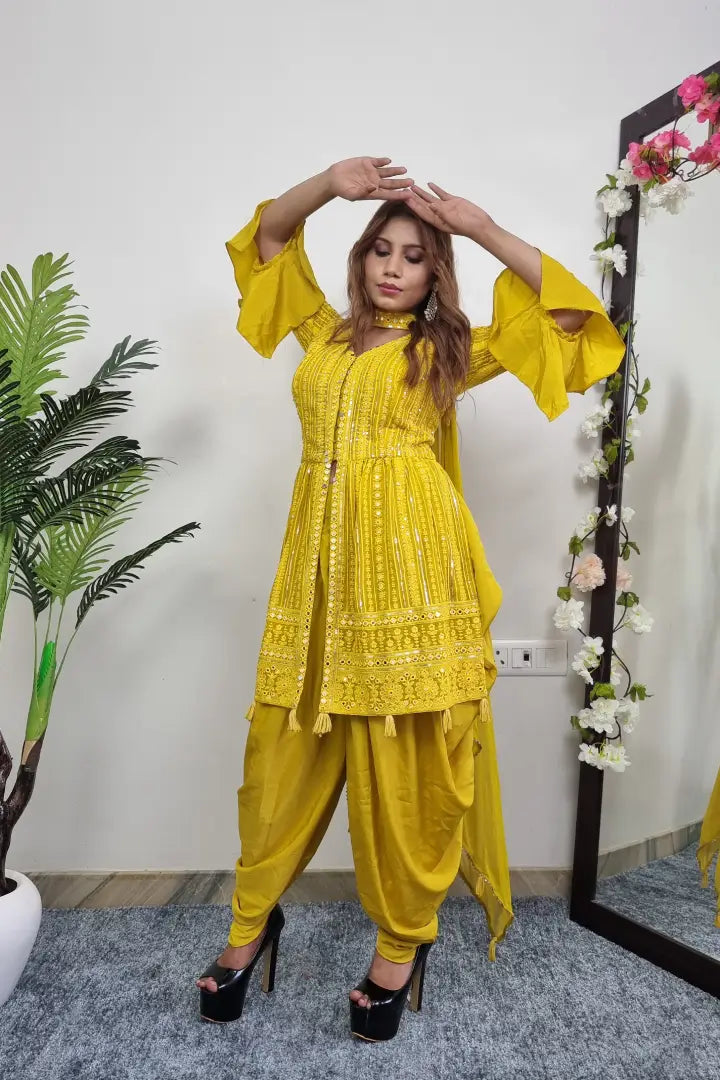 ThreadWork Embroidered Peplum Kurta With Tulip Bottom in Yellow