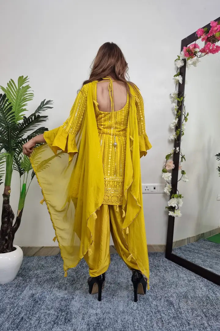 ThreadWork Embroidered Peplum Kurta With Tulip Bottom in Yellow
