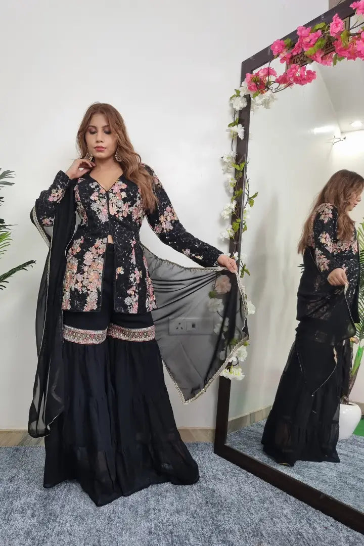 Sequence Work Coat Style Sharara Suit In Indowestern Style in Black