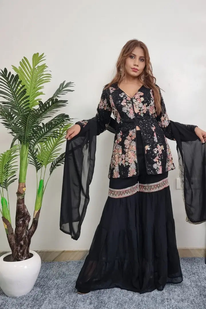 Sequence Work Coat Style Sharara Suit In Indowestern Style in Black