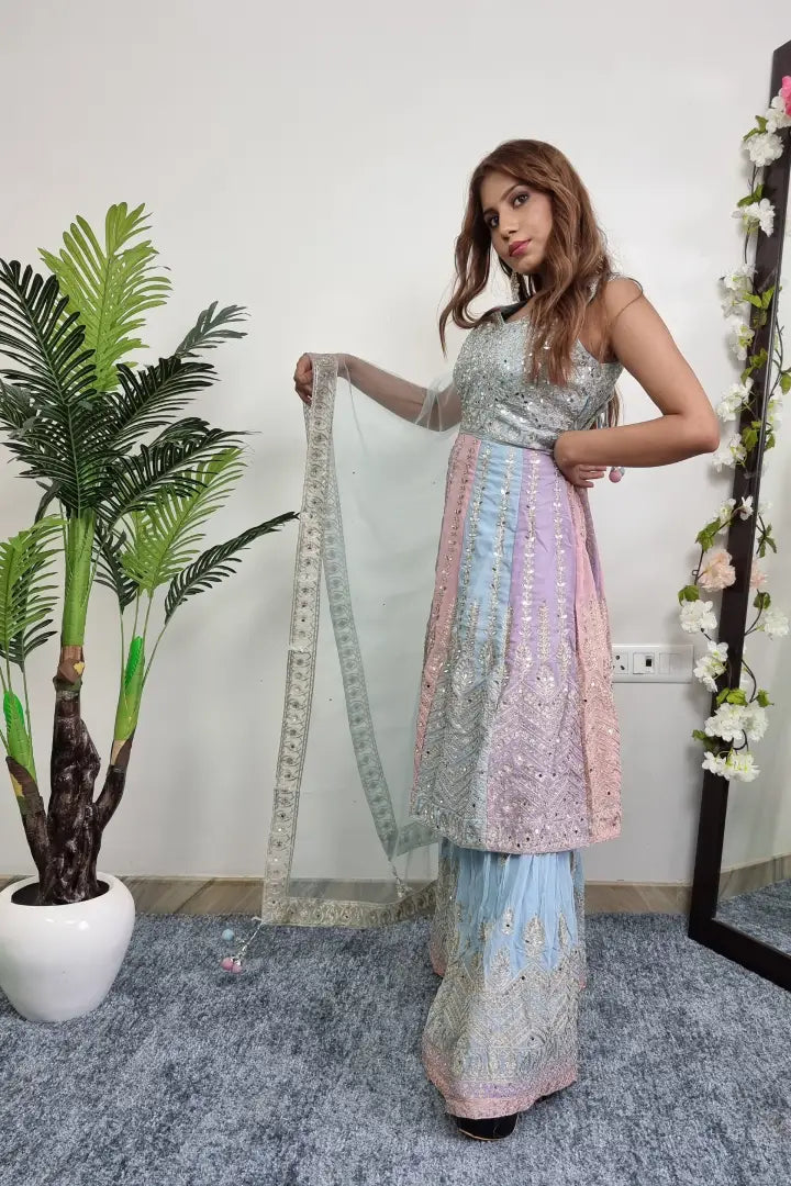 Anarkali Suit With Sharara With Duppatta In Pastels