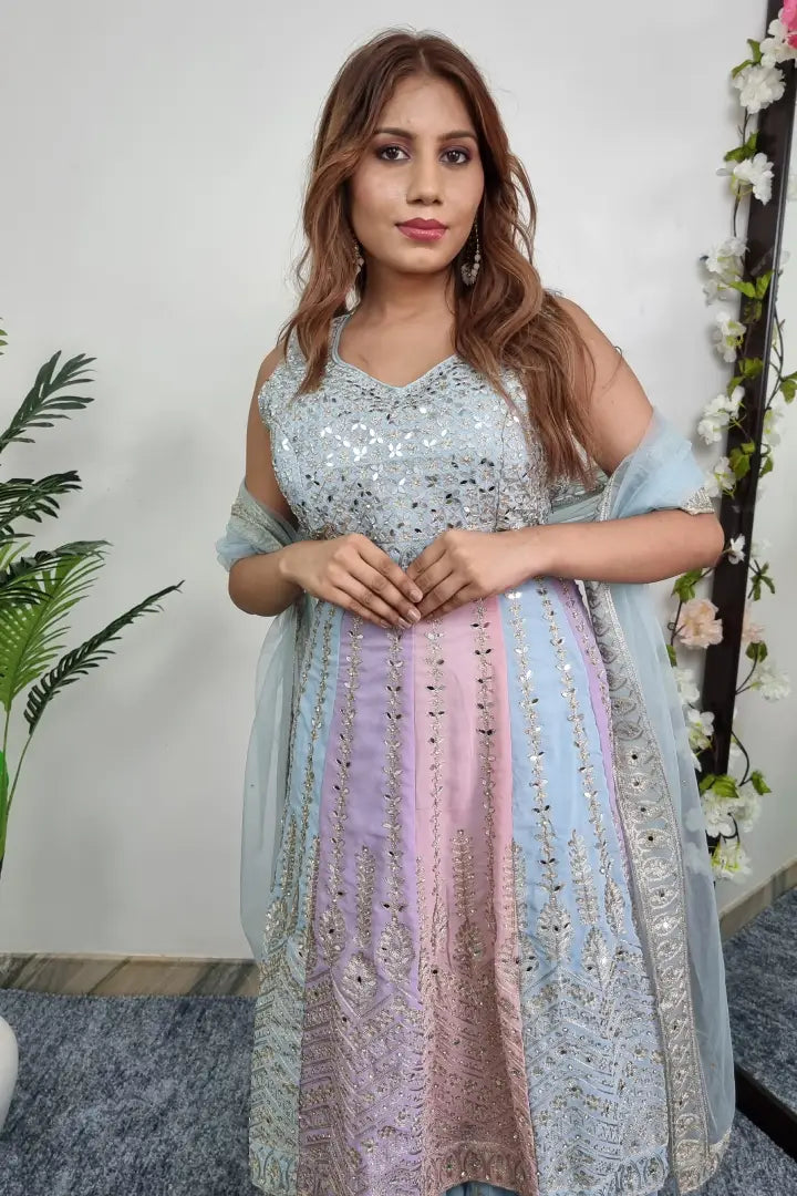 Anarkali Suit With Sharara With Duppatta In Pastels