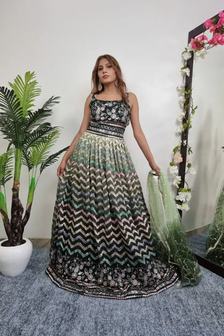 Spagheti Style Multi Embroidered Georgette Anarkali Gown In Green