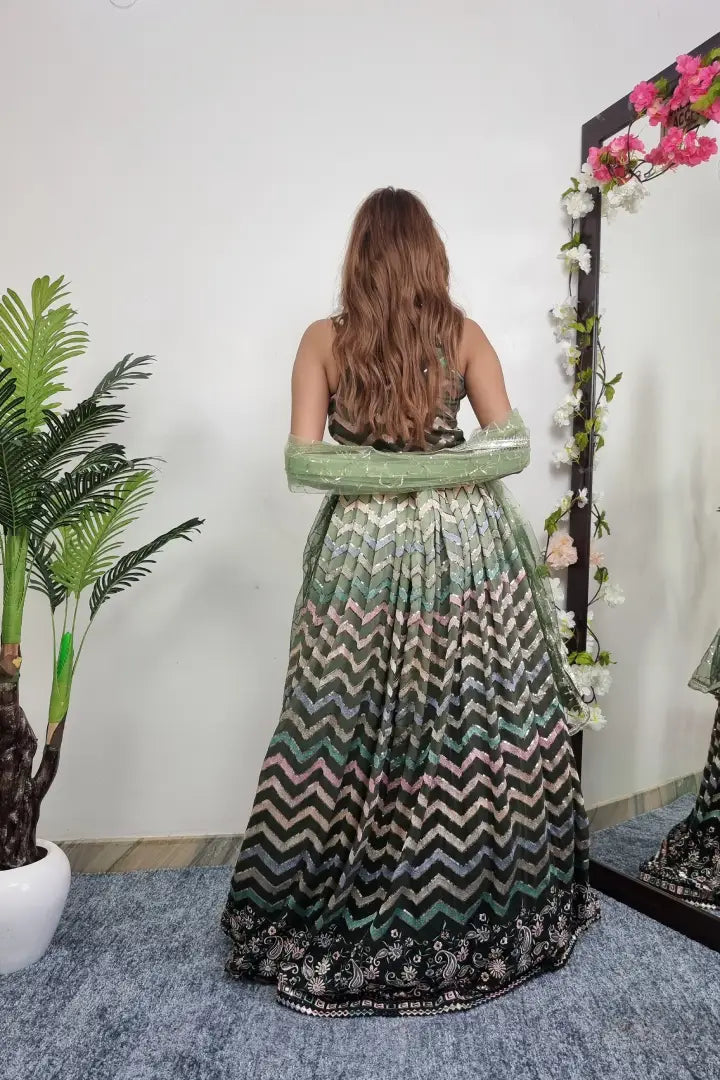 Spagheti Style Multi Embroidered Georgette Anarkali Gown In Green