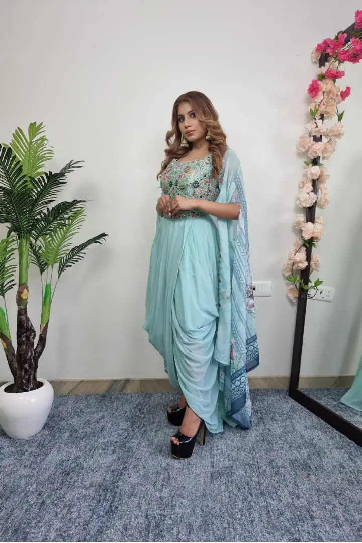 Indo Western Three Piece Dress with Shrug in Sky Blue