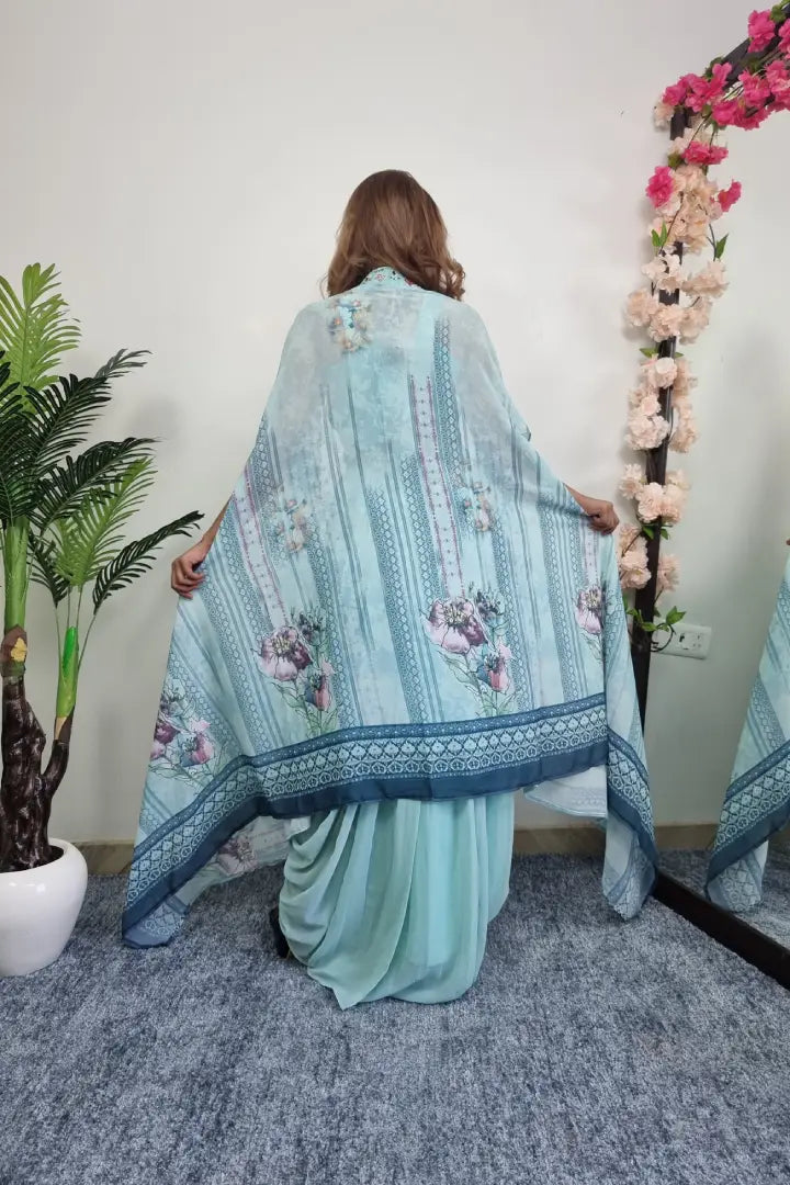Indo Western Three Piece Dress with Shrug in Sky Blue