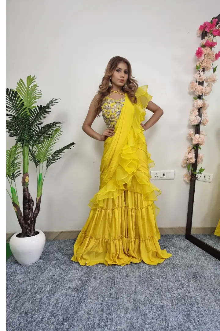 Hand Embellished Sharara Dress With Drape In Yellow